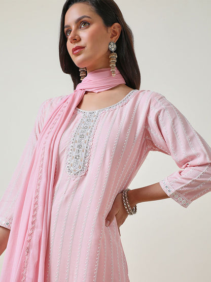 Dhiyona SO Women's Embroidered Thread Work Straight Kurta with Trousers & Dupatta