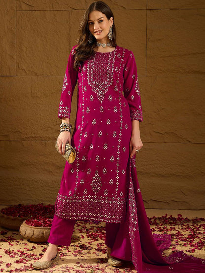 Dhiyona PD Women Floral Embroidered Velvet Straight Kurta With Trousers And Dupatta