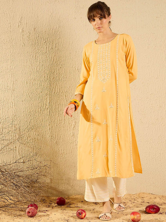 Dhiyona IE Yellow and White Ethnic Motifs Embroidered Thread Work Straight Kurta