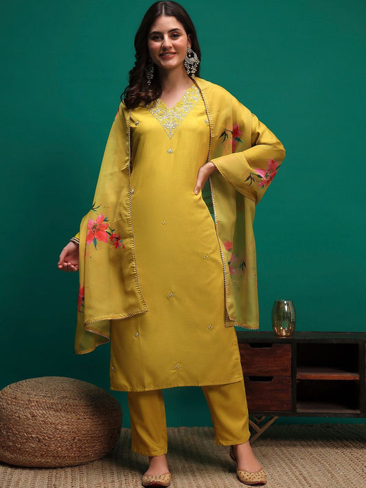 Dhiyona SN Women's Embroidered Straight Kurta With Trouser & Dupatta