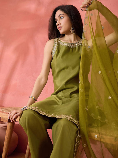 Dhiyona SN Women's Parrot Green Floral Sequinned Round Neck Straight Kurta With Palazzos And Dupatta