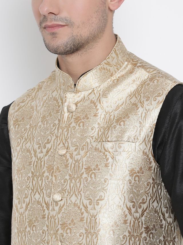 Men's Black Silk Blend Straight Jacket  Kurta and Pyjama Set