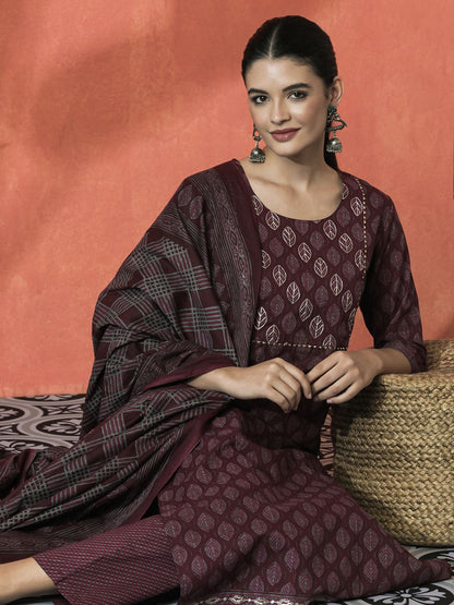 Dhiyona SN Women's Floral Printed Gotta Patti Pure Cotton Straight Kurta With Trouser And Dupatta