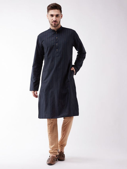 Men's Navy Blue Cotton Blend Straight Kurta Pyjama Set