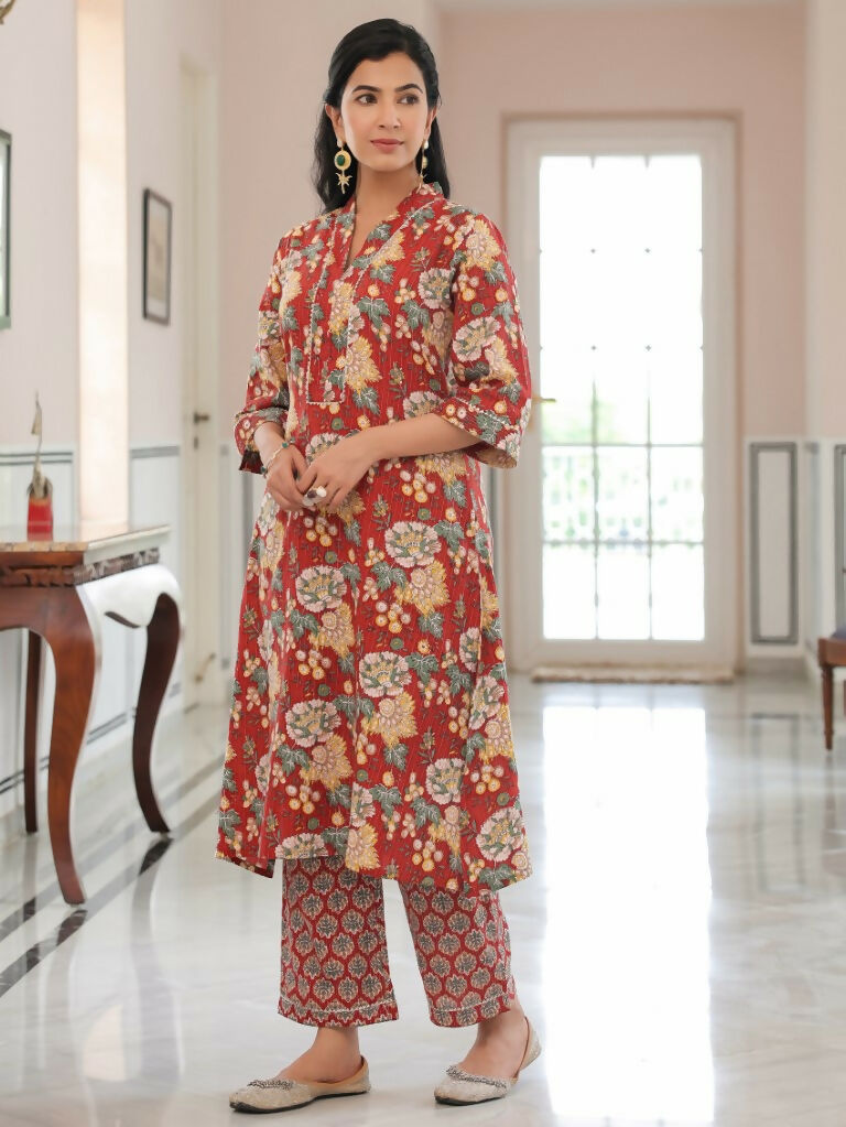 Women's Straight Kantha Cotton Floral Print Women's Kurta Set - Red