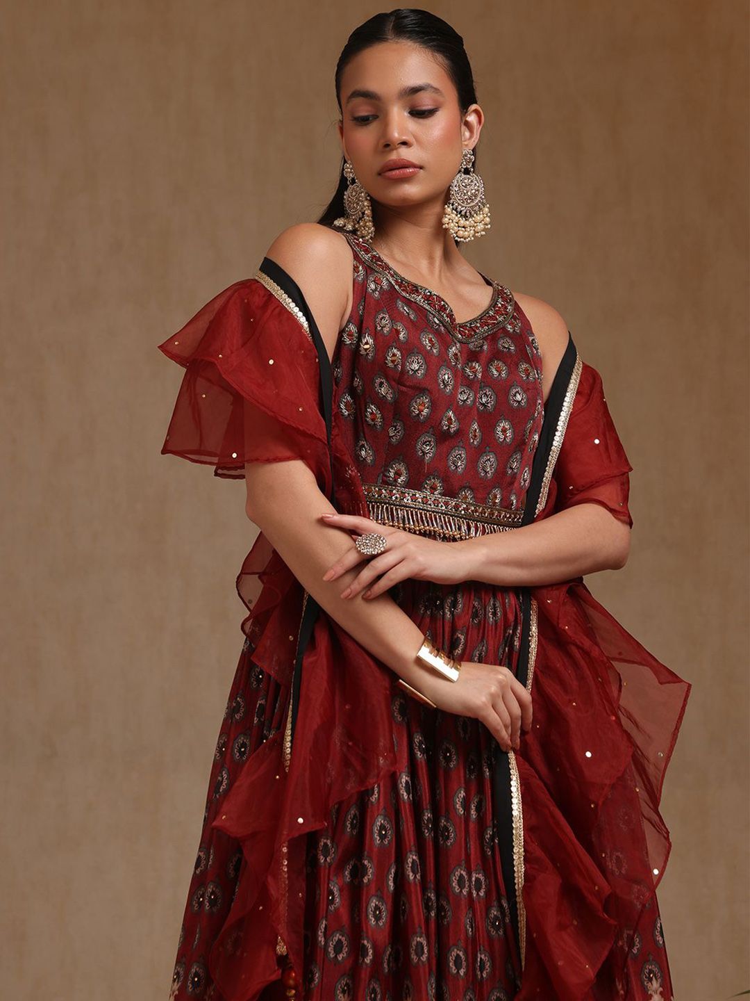 Dhiyona SO Women's Floral Printed Mirror Work Chinon Anarkali Kurta With Churidar & Dupatta