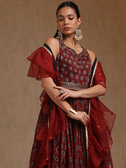 Dhiyona SO Women's Floral Printed Mirror Work Chinon Anarkali Kurta With Churidar & Dupatta