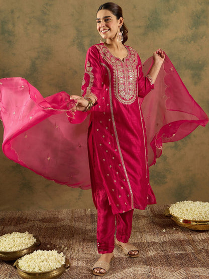 Ethnic Motifs Embroidered Panelled A-Line Kurta with Trousers & Dupatta