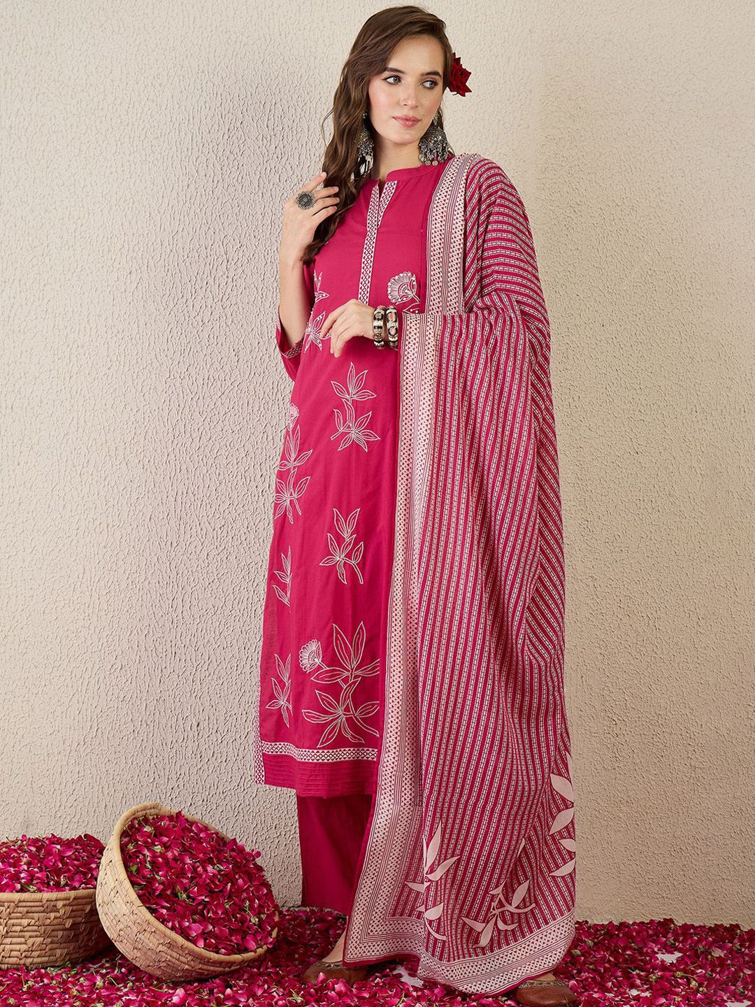 Women Embroidered Beads and Stones Pure Cotton Kurta with Trousers & Dupatta