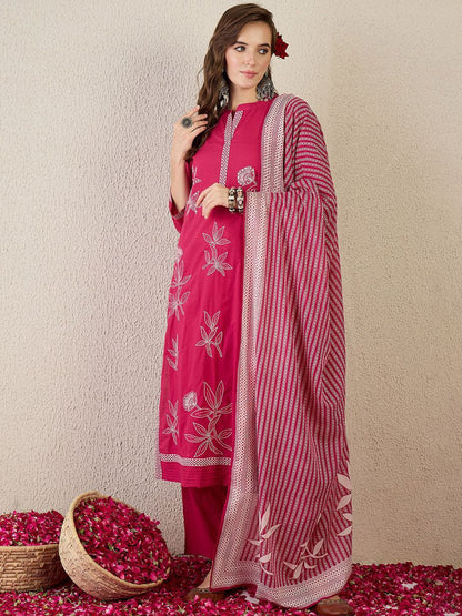 Women Embroidered Beads and Stones Pure Cotton Kurta with Trousers & Dupatta