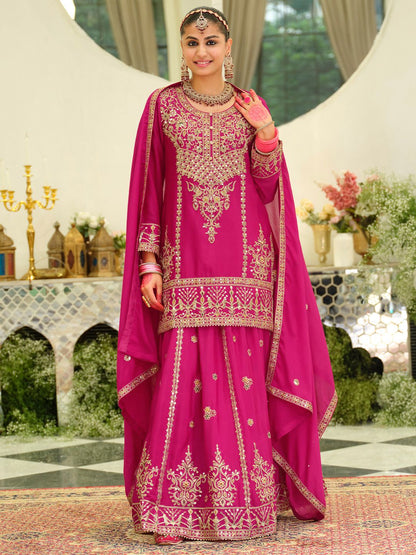 Dhiyona IE Floral Embroidered Sequinned Kurta With Sharara & Dupatta