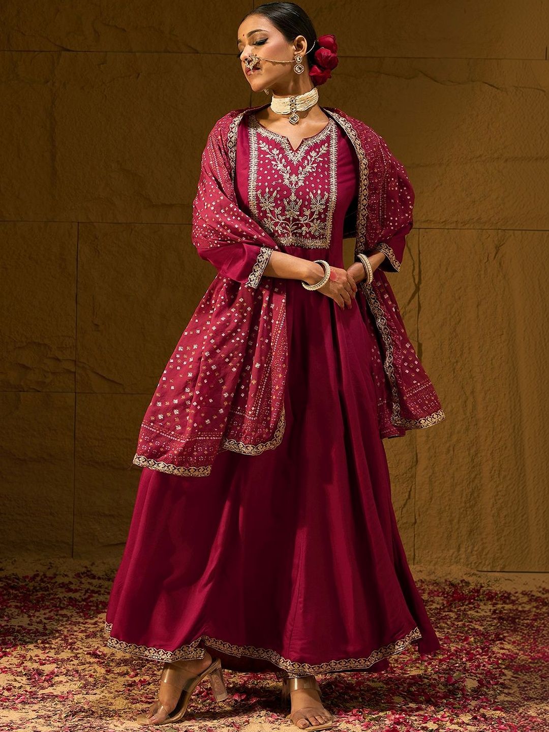 Women Ethnic Motifs Embroidered Panelled Thread Work Kurta with Trousers & With Dupatta