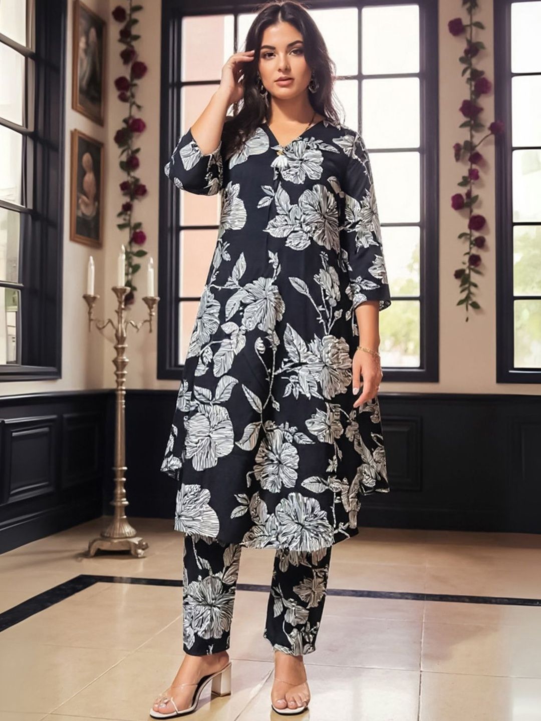 Floral Printed Pure Cotton A Line Kurta With Trousers