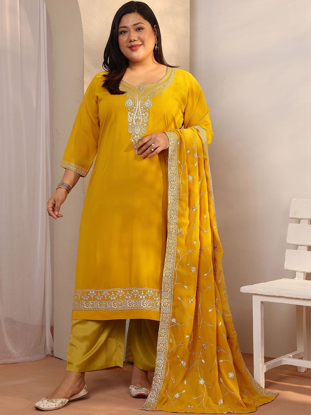Dhiyona Women's Plus Size Ethnic Motifs Embroidered Kurta with Salwar & Dupatta