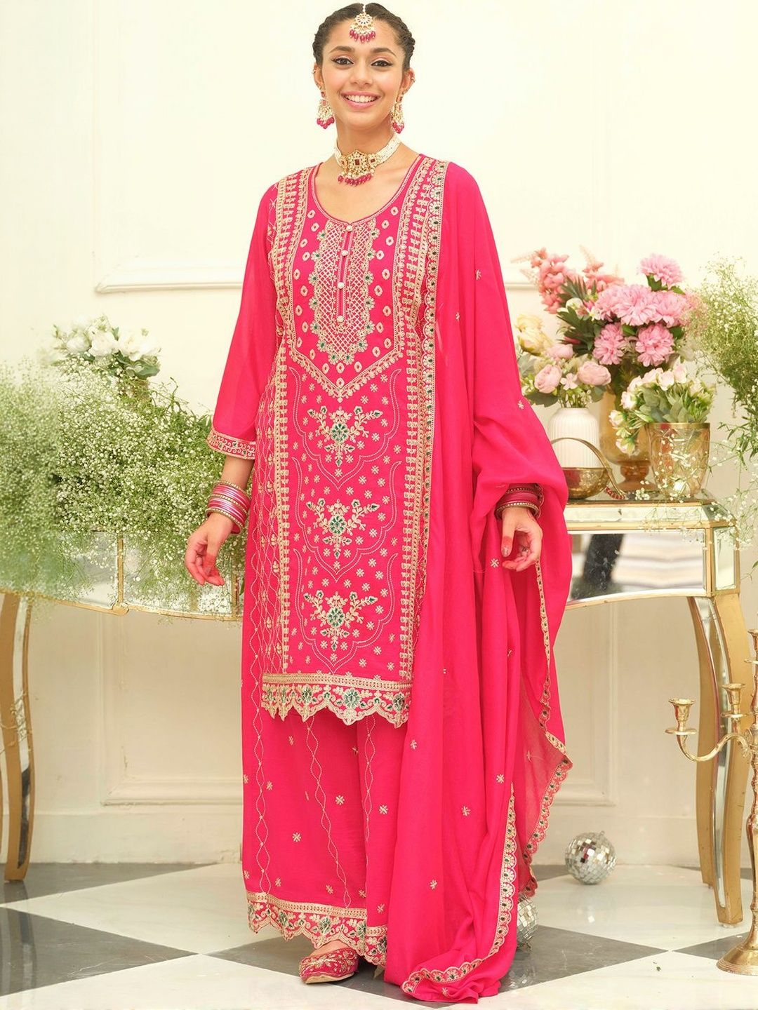 Women Ethnic Motifs Embroidered Regular Kurta with Palazzos & With Dupatta