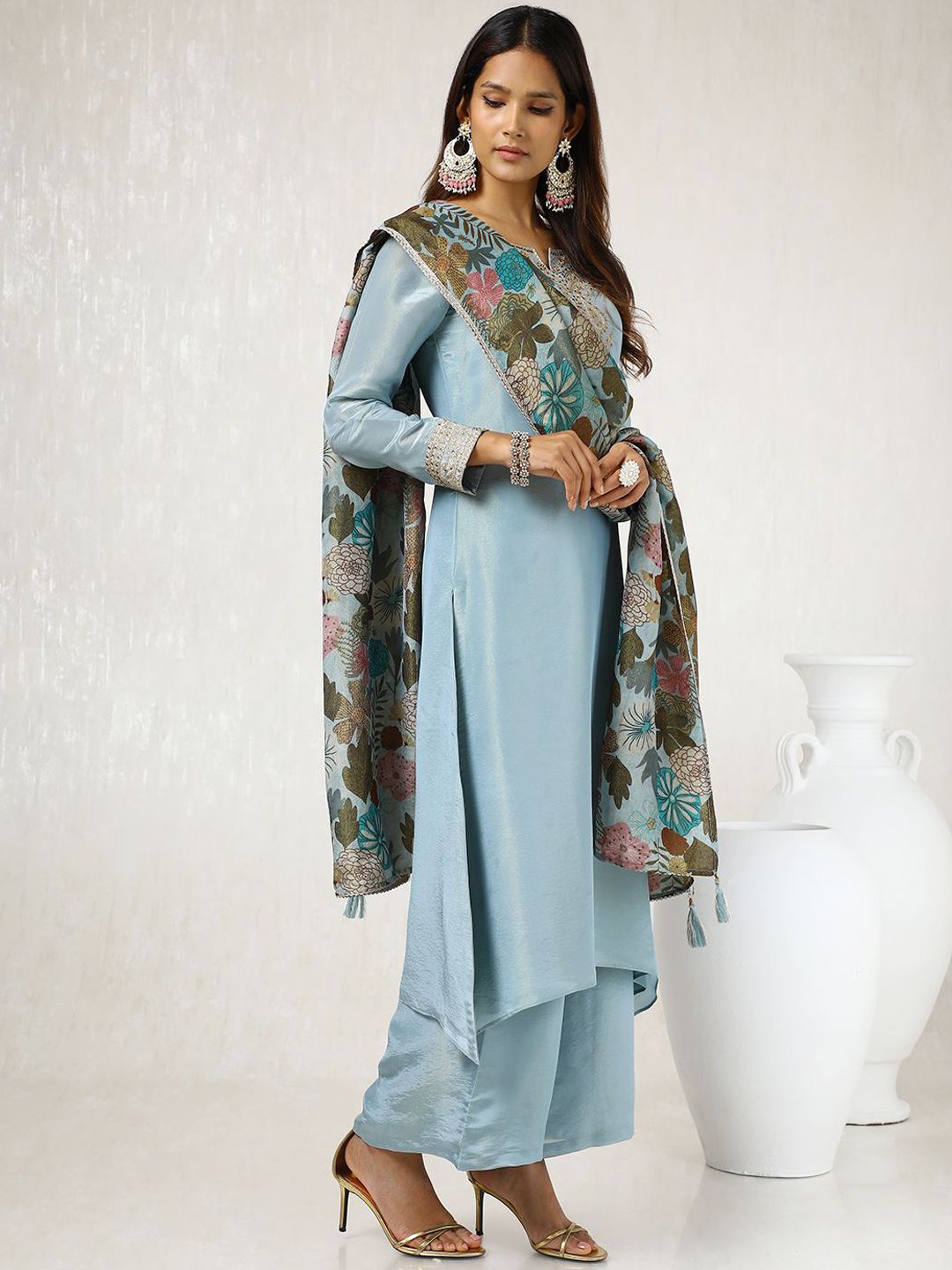 Dhiyona SO Women's Blue Paisley Embroidered Regular Beads Work Tissue Straight Kurta & Palazzo & Dupatta