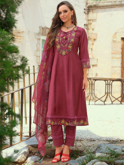 Floral Embroidered Thread Work Tieup Neck A-Line Kurta With Trousers & Dupatta