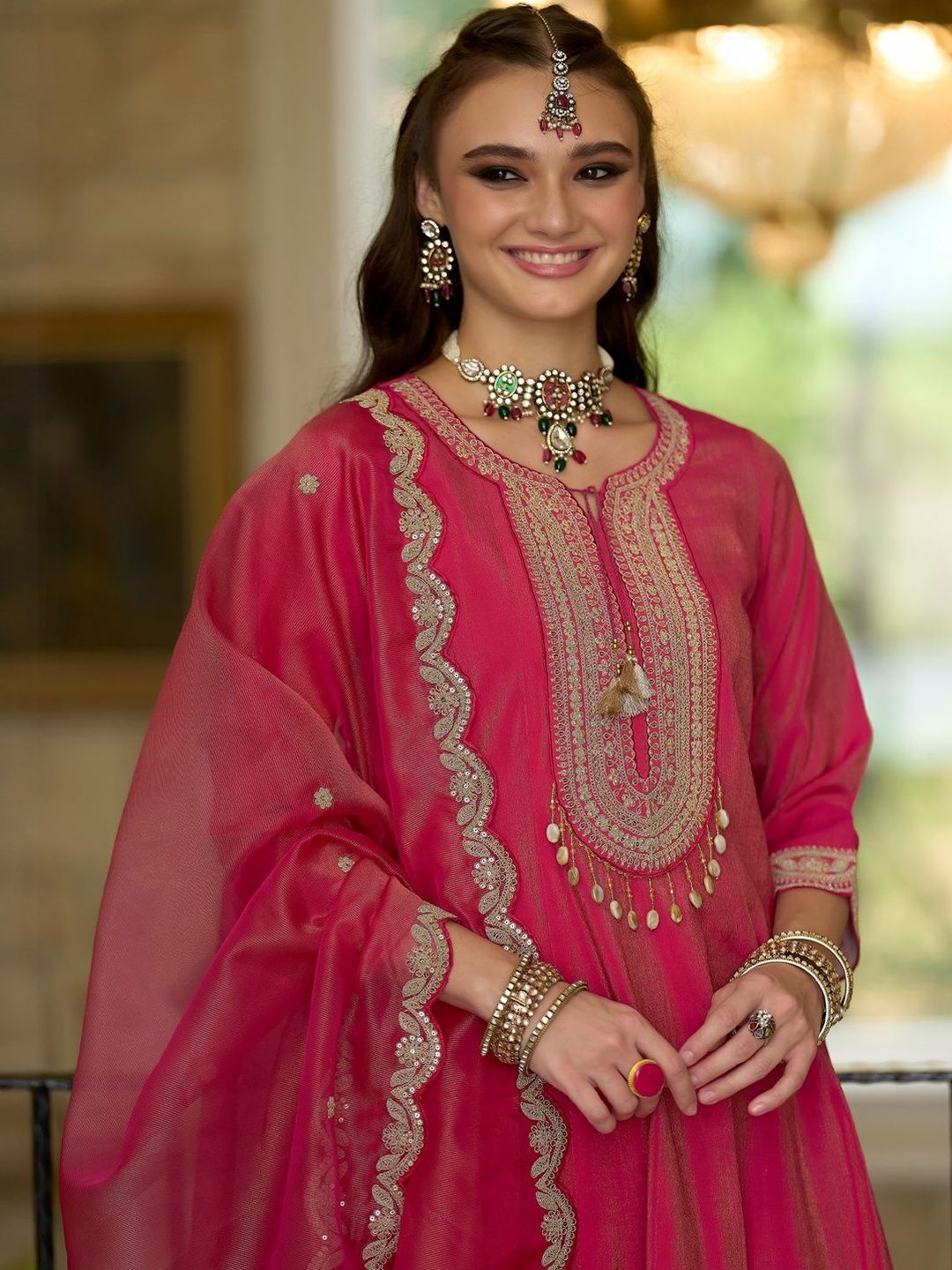 Embroidered Notch A-Line Kurta With Trousers & Dupatta