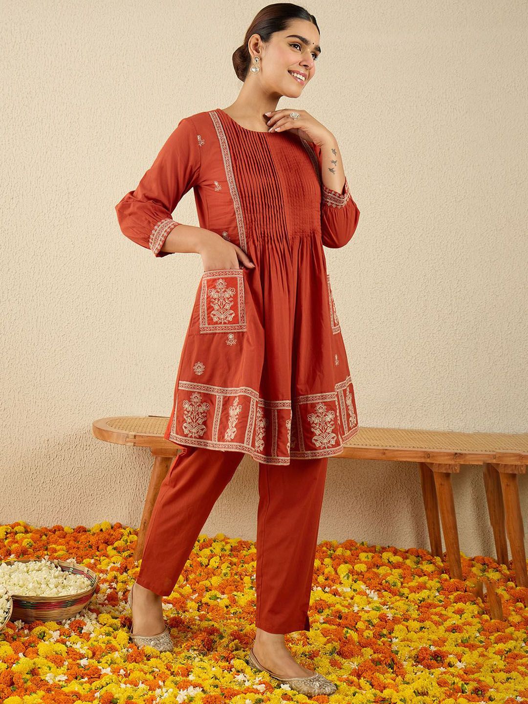 Dhiyona IE Embroidered Round Neck Tunic With Trousers Co-Ords