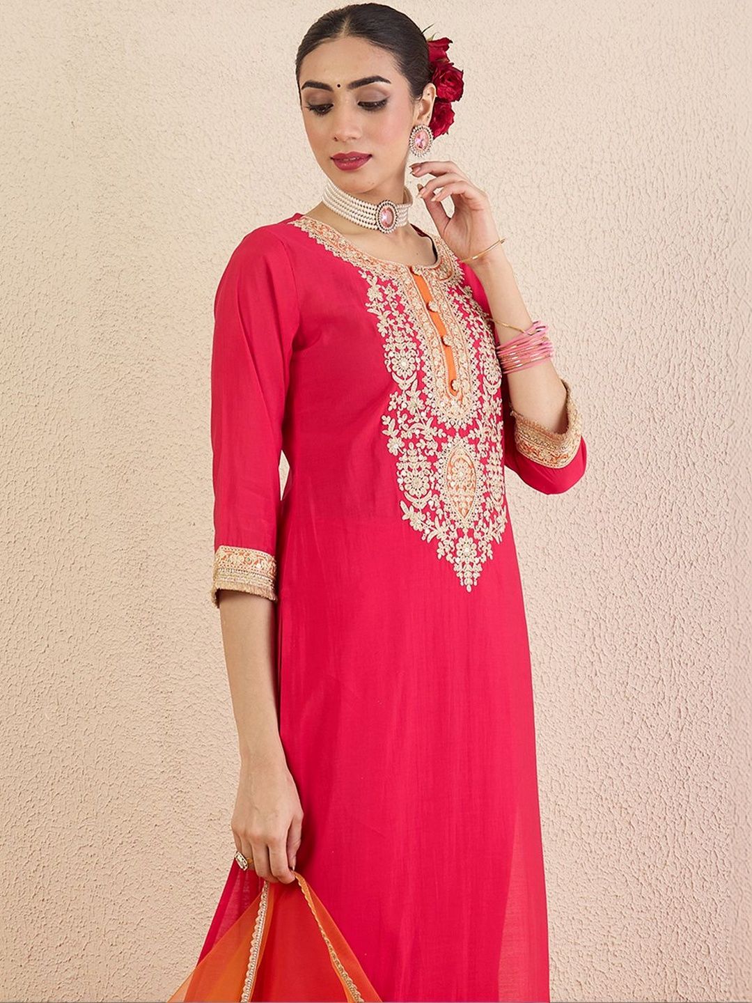 Women Ethnic Motifs Embroidered Regular Sequinned Kurta with Trousers & With Dupatta