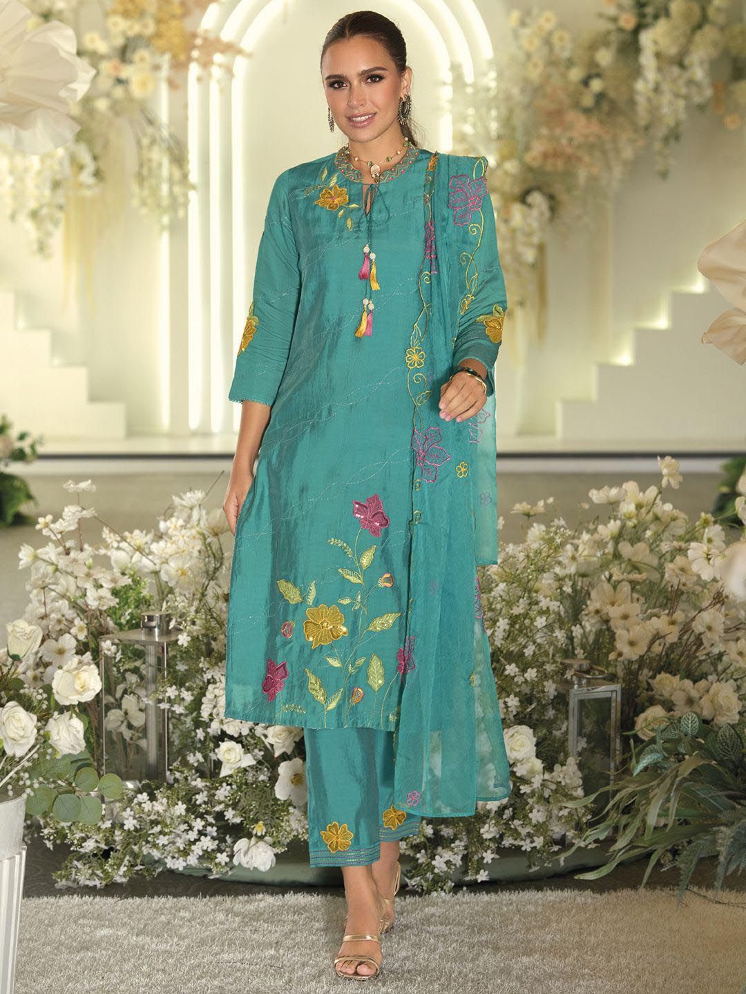 Dhiyona IE Women Floral Embroidered Regular Thread Work Kurta with Trousers & With Dupatta