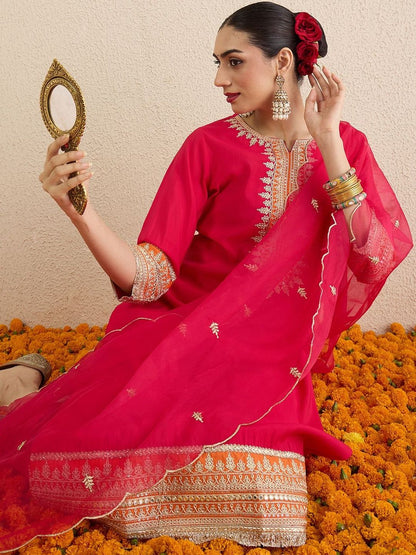 Women Ethnic Motifs Embroidered Regular Thread Work Kurta with Trousers & With Dupatta