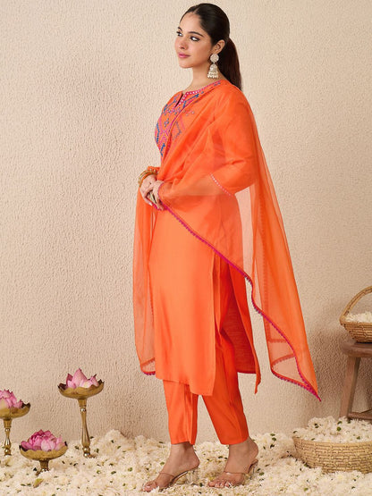 Dhiyona IE Women's Ethnic Motifs Embroidered Mirror Work Liva Straight Kurta With Trousers & Dupatta