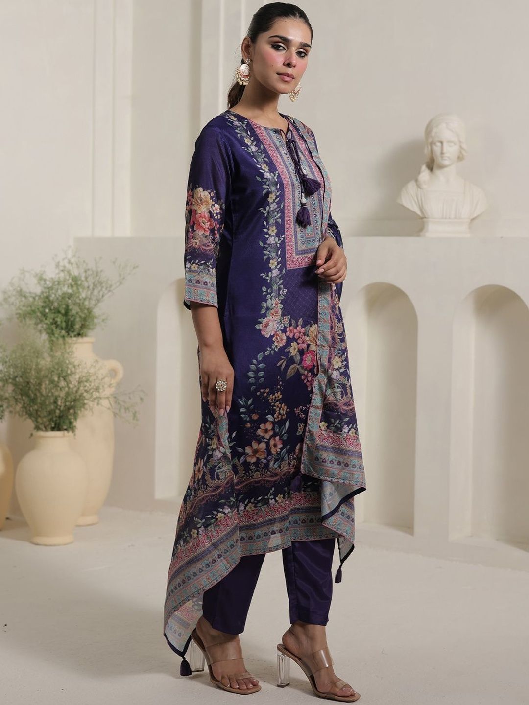 Motif Printed Notch Neck Chinon Mirror Work Straight Kurta & Palazzo With Dupatta