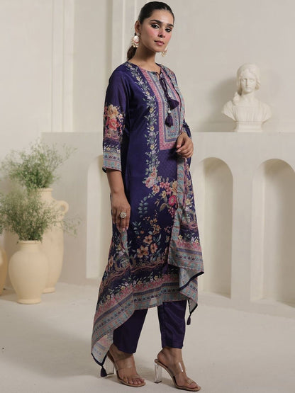Motif Printed Notch Neck Chinon Mirror Work Straight Kurta & Palazzo With Dupatta