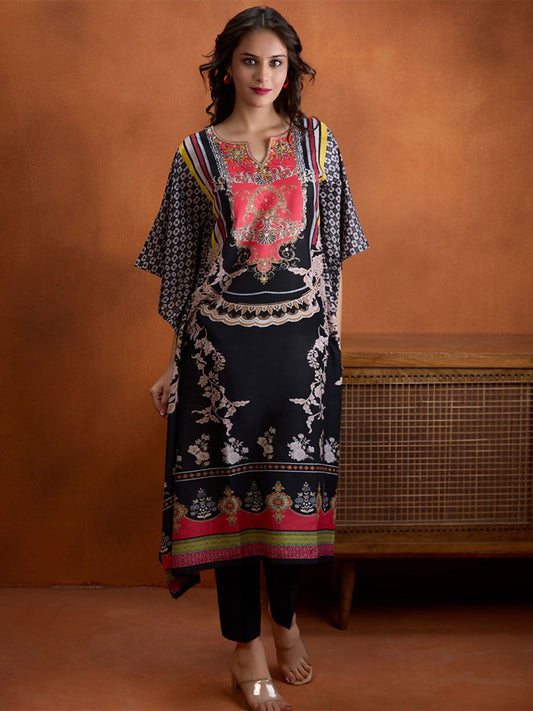 Dhiyona WP Ethnic Motifs Printed Notch Neck Beads and Stones Kaftan Kurta Wiith Trousers