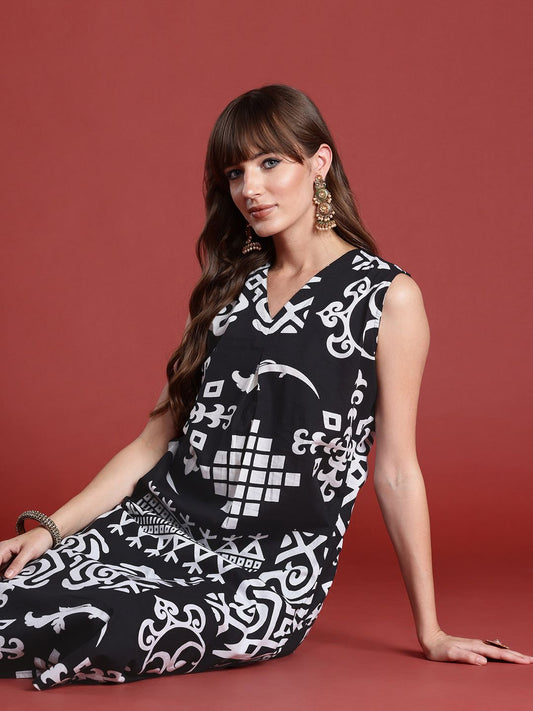 Dhiyona IE Ethnic Motifs Printed Pleated Pure Cotton Kurta with Trousers