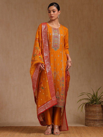 Dhiyona SO Women's Floral Printed Beads and Stones Organza Straight Kurta With Trouser And Dupatta