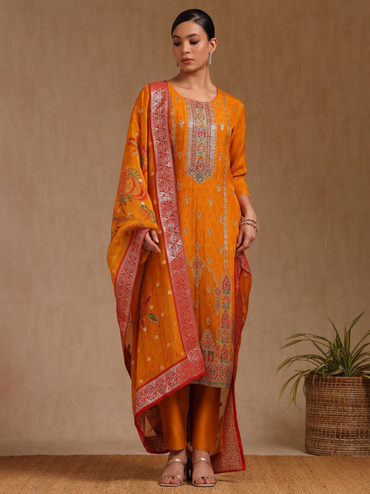 Dhiyona SO Women's Floral Printed Beads and Stones Organza Straight Kurta With Trouser And Dupatta