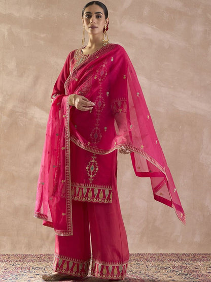 Ethnic Motifs Embroidered Straight Thread Work Kurta With Palazzos & Dupatta