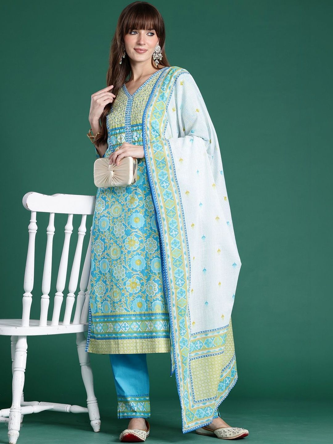 Women Floral Printed Regular Mirror Work Pure Cotton Kurta with Trousers & With Dupatta