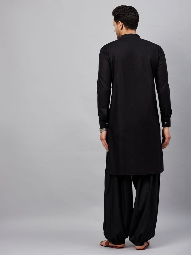 Men's Black Cotton Linen Pathani Pathani Kurta Set