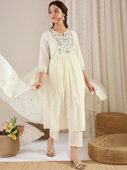 Women Floral Embroidered Empire Thread Work Pure Cotton Kurta with Trousers & With Dupatta