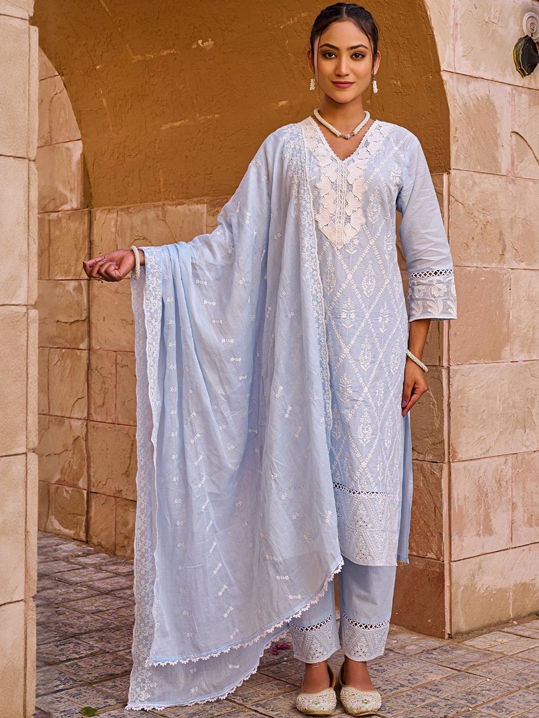 Dhiyona IE Women Ethnic Motifs Embroidered Cotton Kurta with Trousers & Dupatta