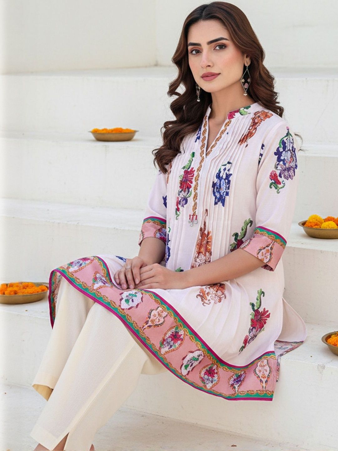 Floral Printed Pleated Pure Cotton Mandarin Collar Kurta With Trouser