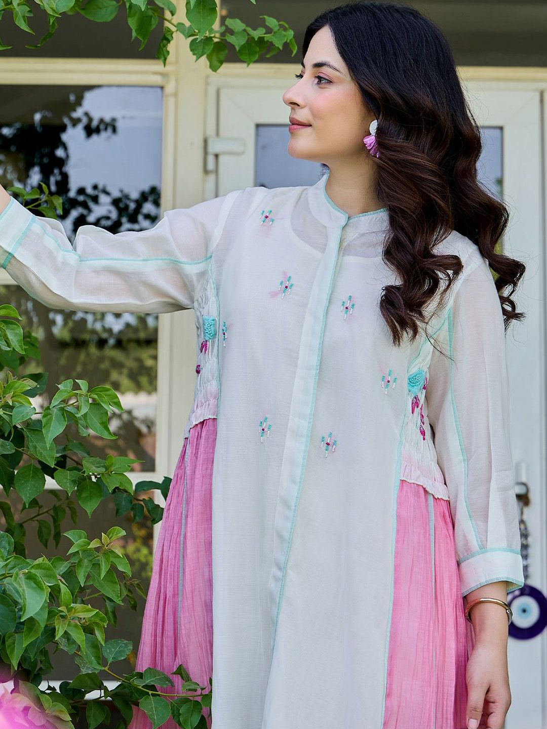 Ethnic Motifs Embroidered Layered Thread Work Pure Cotton Kurta With Trousers