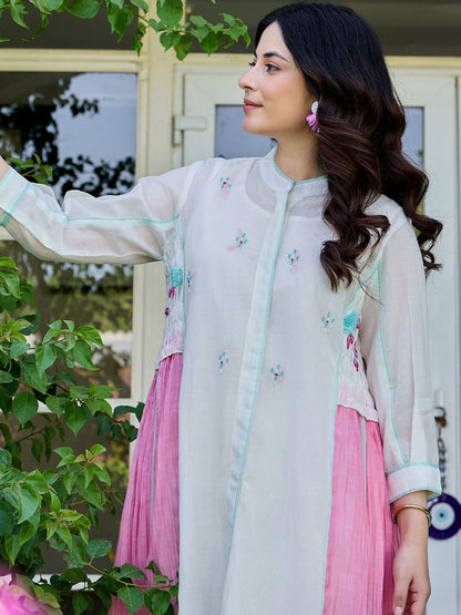 Ethnic Motifs Embroidered Layered Thread Work Pure Cotton Kurta With Trousers