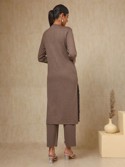 Dhiyona SO Women's Brown Geometric Woven Design Mandarin Collar Acrylic Straight Kurta With Trouser