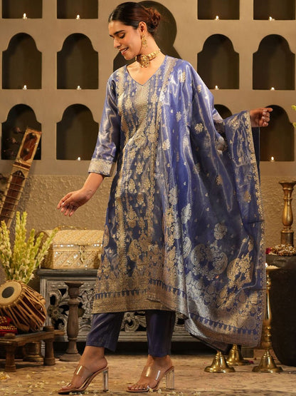 Dhiyona IE Women's Floral Woven Design V-Neck Liva Zari Straight Kurta & Trousers With Dupatta