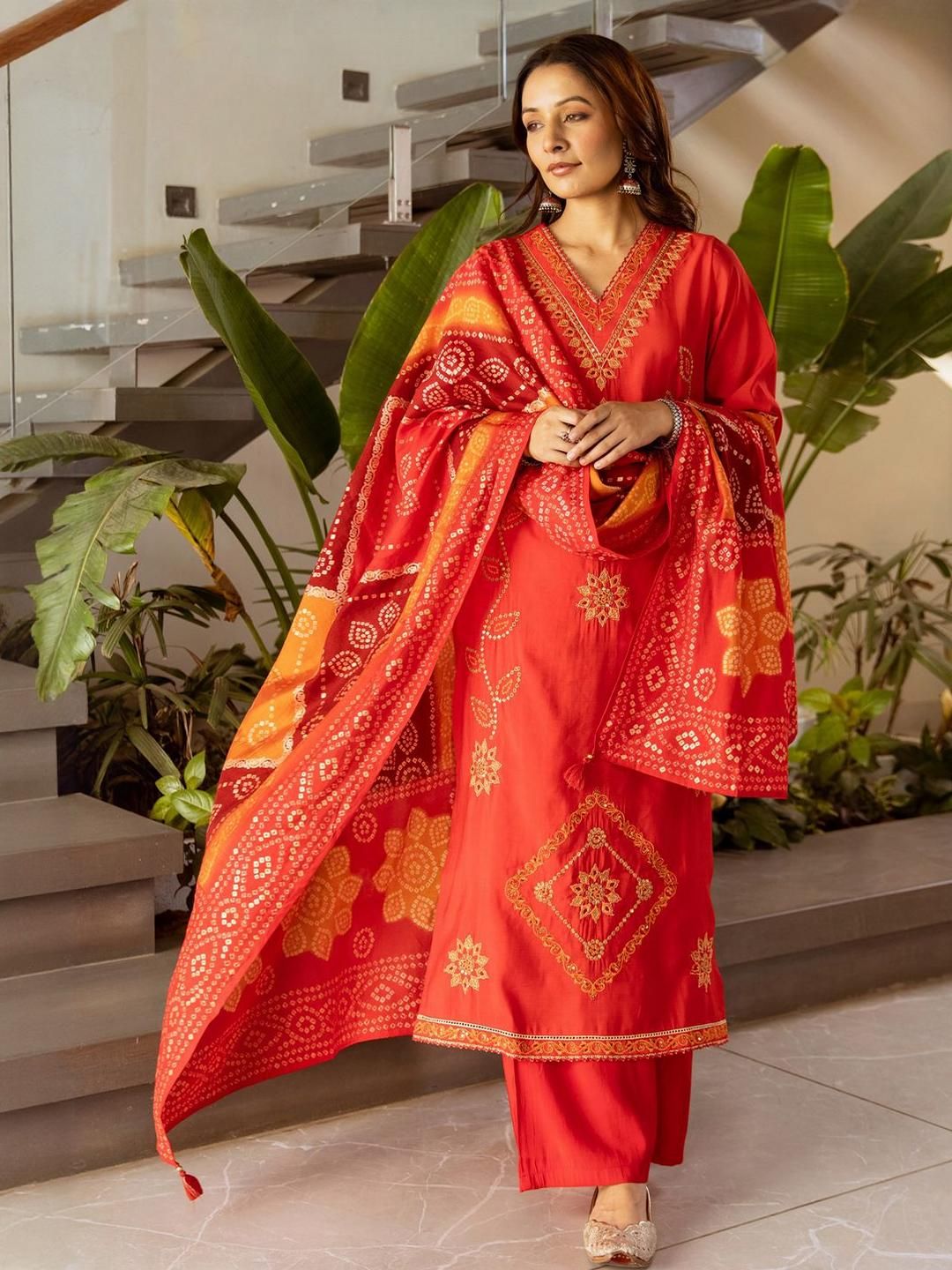 Bandhani Embroidered Straight Sequinned Kurta With Palazzos & Dupatta