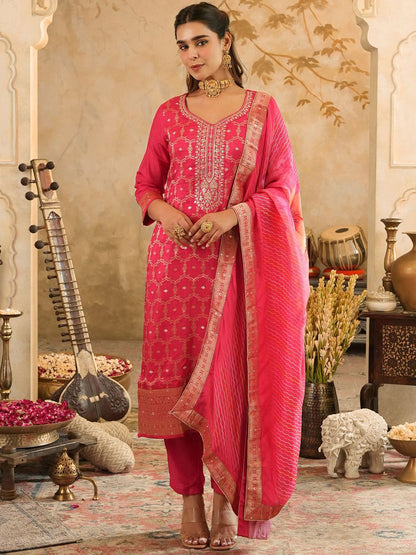 Dhiyona IE Women's Women Ethnic Motifs Embroidered Kurta with Trousers & Dupatta