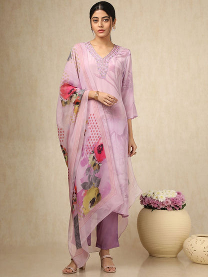 Dhiyona SO Women's Floral Printed V Neck Thread Work Silk Crepe Kurta With Trousers & Dupatta