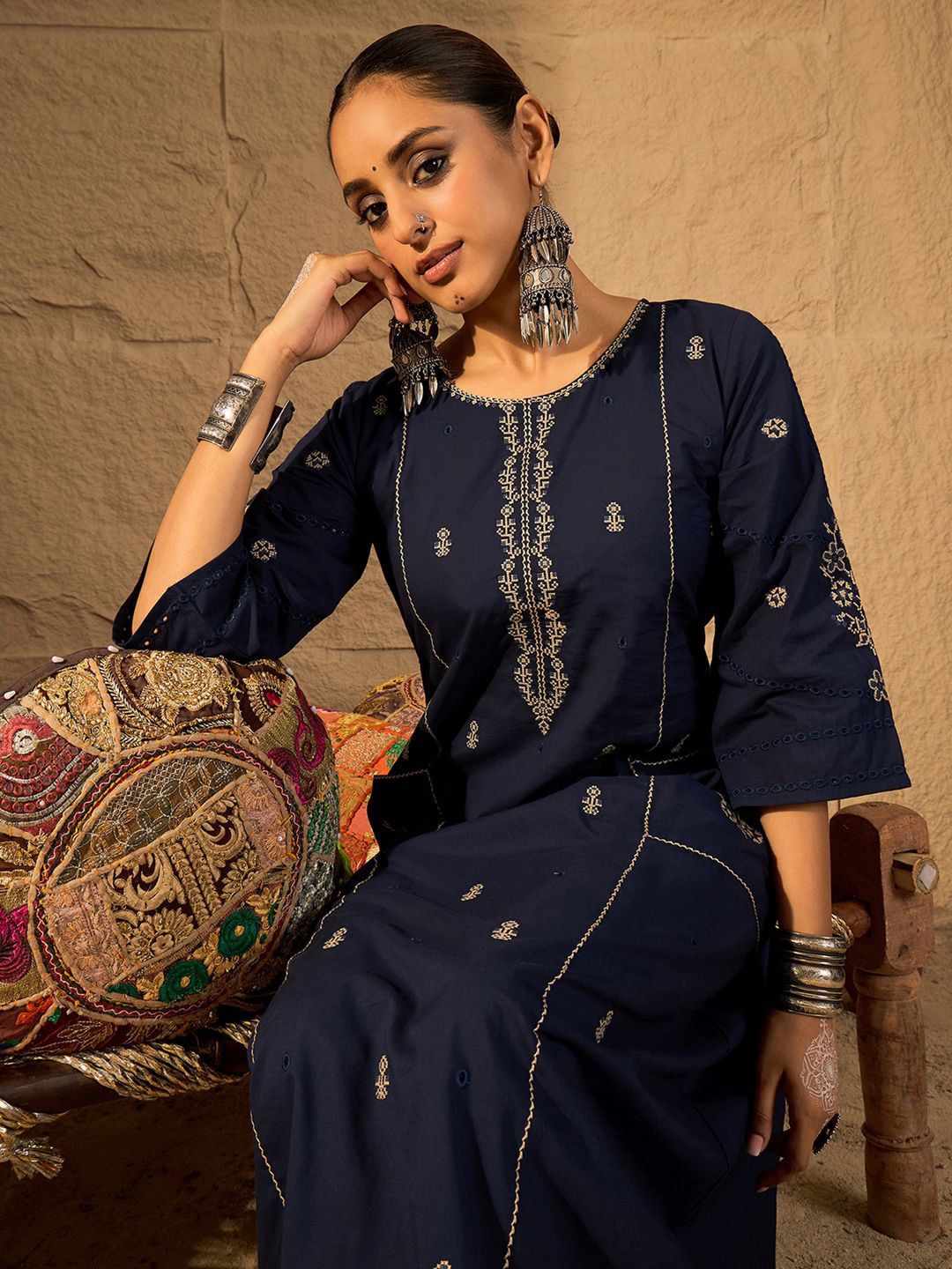 Dhiyona IE Women Ethnic Motifs Embroidered Pure Cotton A-Line Kurta with Trouser