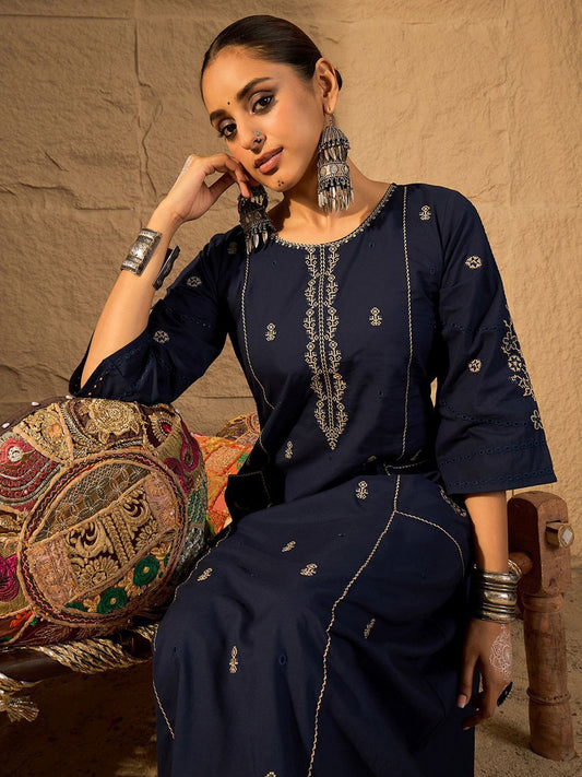 Women Ethnic Motifs Embroidered Pure Cotton A-Line Kurta with Trouser
