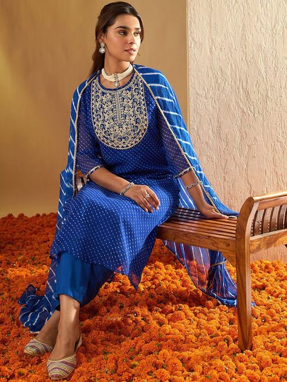Leheriya Printed Thread Work Round Neck Georgette Kurta With Trousers & Dupatta