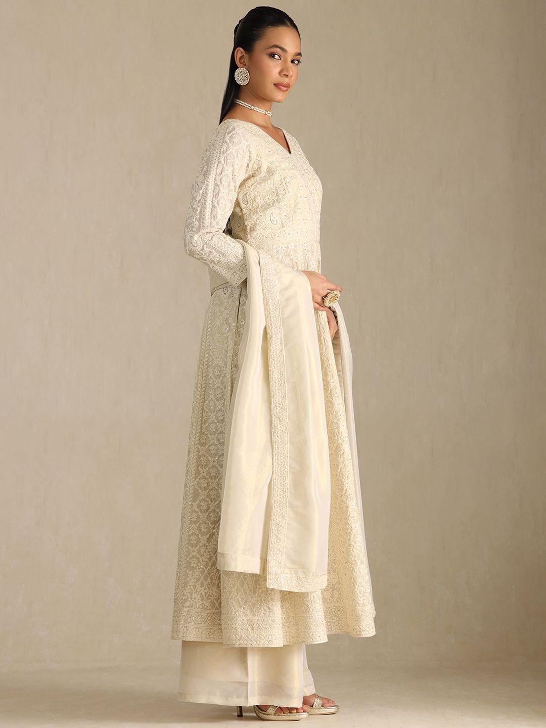 Dhiyona SO Women's Floral Embroidered Beads and Stones Anarkali Kurta with Palazzos & Dupatta
